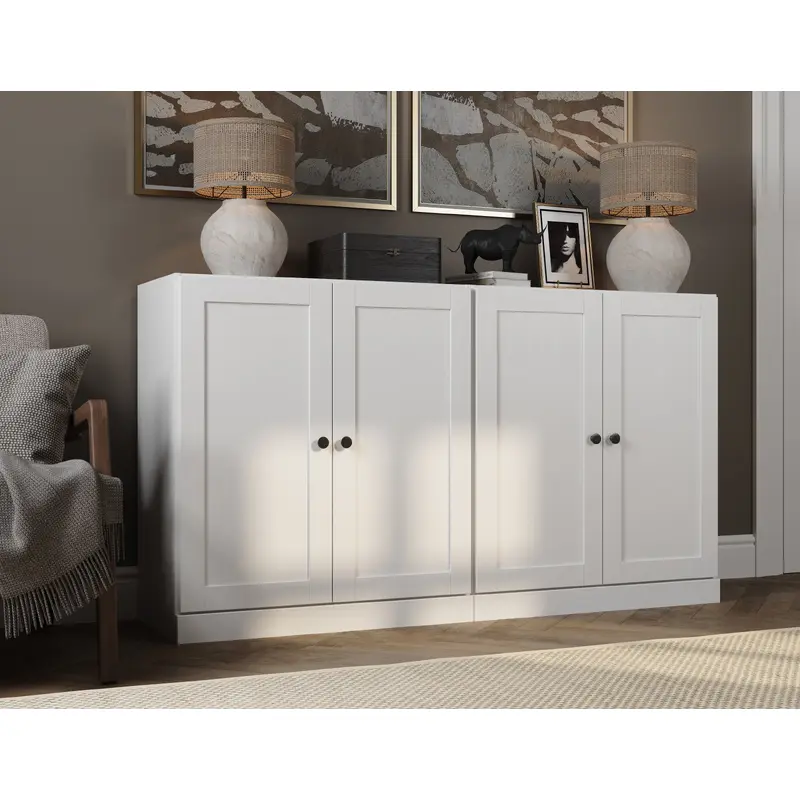 100% Solid Wood 64" Sideboard with Shaker Wood Doors, Adjustable Shelves