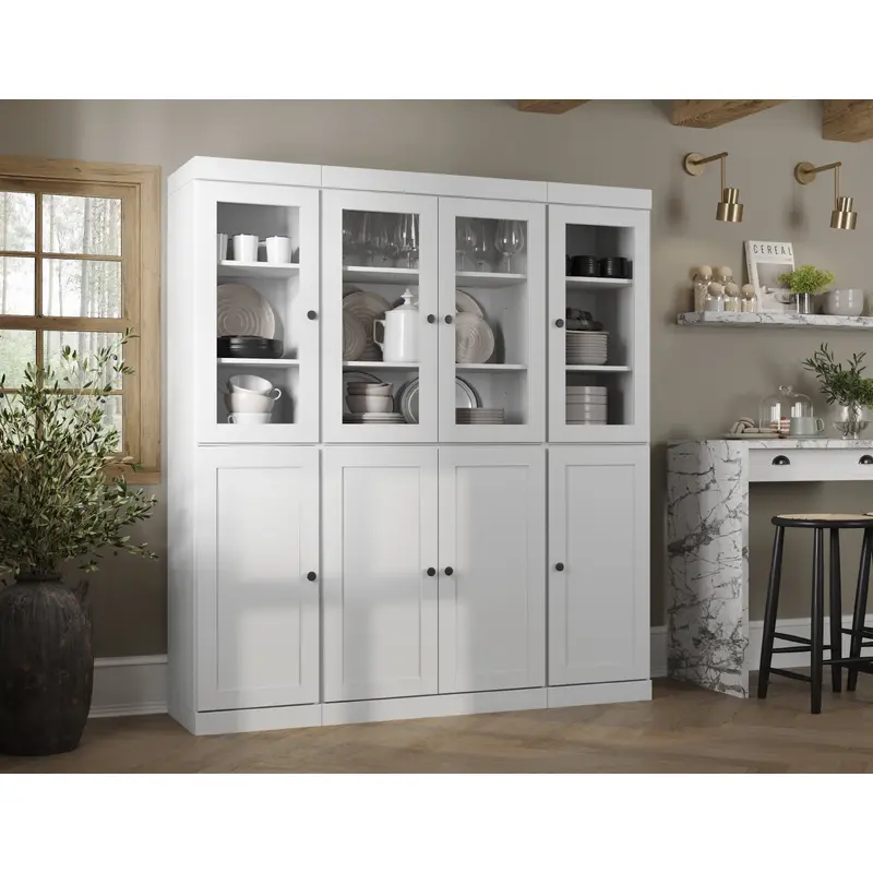 100% Solid Wood 65" China Pantry Cabinet, 4 Clear Glass, 4 Shaker Wood Doors