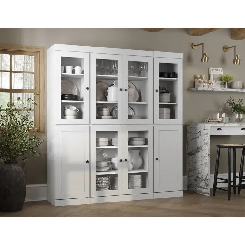 100% Solid Wood 65" China Pantry Cabinet, 6 Clear Glass, 2 Shaker Wood Doors