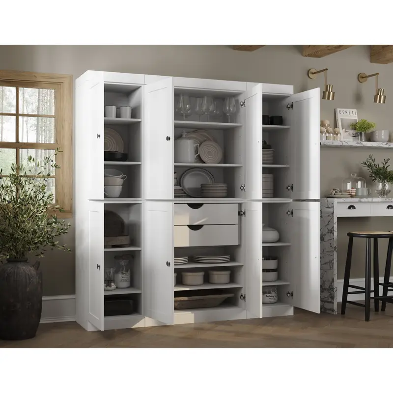 100% Solid Wood 65" Pantry Cabinet, 8 Shaker Wood Doors, 2 Drawers