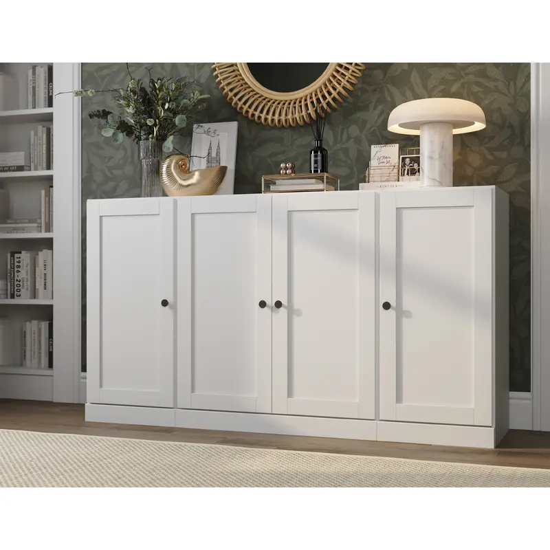 100% Solid Wood 65" Sideboard, 4 Shaker Wood Doors, 2-Drawers, Adjustable Shelves