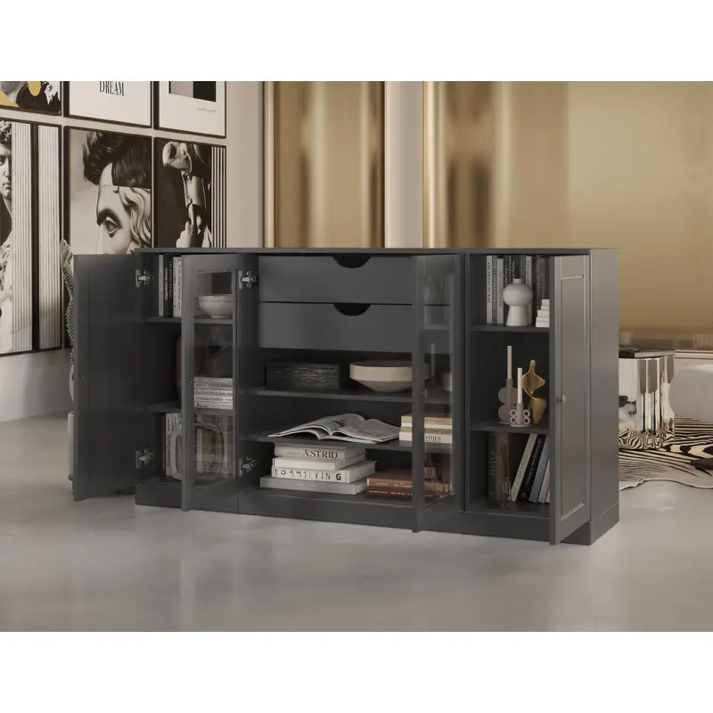 100% Solid Wood 65" Sideboard Cabinet, 2 Clear Glass, 2 Raised Panel Doors, 2-Drawers, Adjustable Shelves