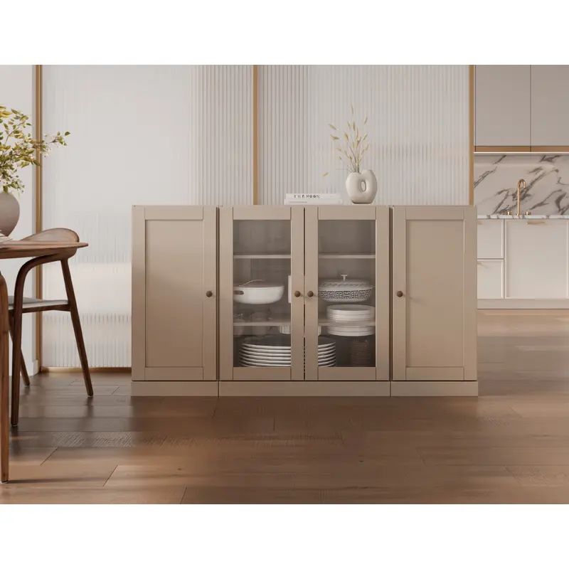 100% Solid Wood 65" Sideboard Cabinet, 2 Clear Glass, 2 Shaker Wood Doors, Adjustable Shelves