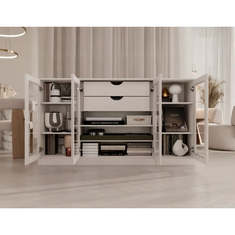 100% Solid Wood 65" Sideboard Cabinet, 4 Clear Glass Doors, 2-Drawers, Adjustable Shelves