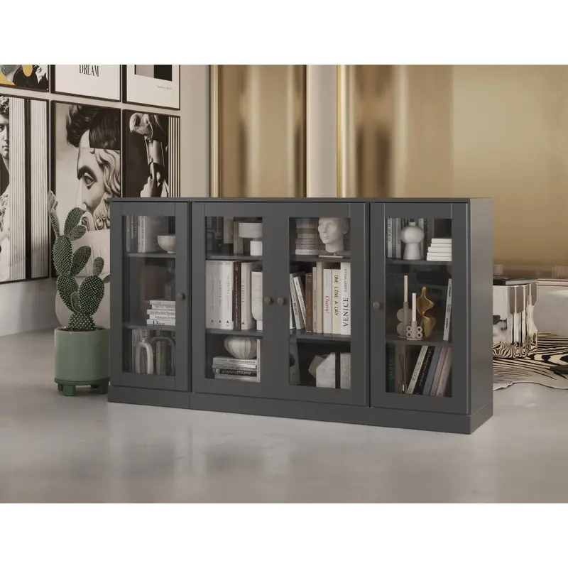 100% Solid Wood 65" Sideboard Cabinet, 4 Clear Glass Doors, Adjustable Shelves