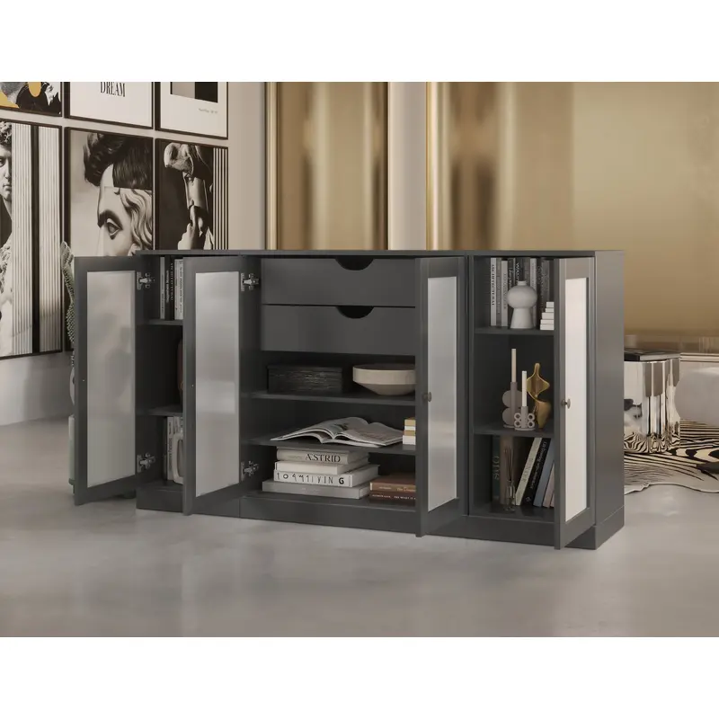 100% Solid Wood 65" Sideboard Cabinet, 4 Frosted Glass Doors, 2-Drawers, Adjustable Shelves