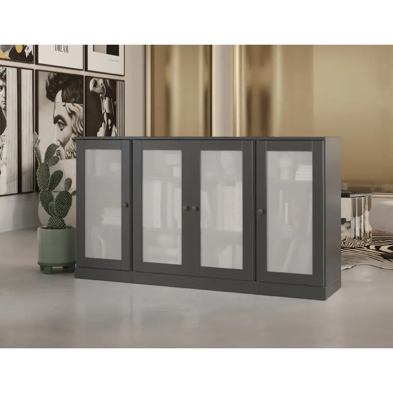 100% Solid Wood 65" Sideboard Cabinet, 4 Frosted Glass Doors, Adjustable Shelves