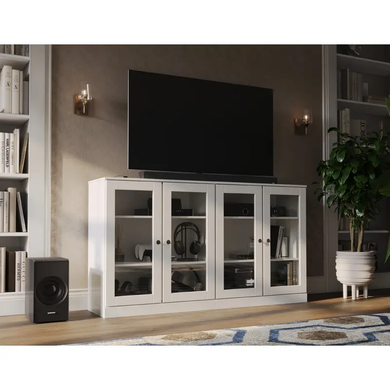 100% Solid Wood TV Stand with Clear Glass Doors for TVs up to 64", Adjustable Shelves