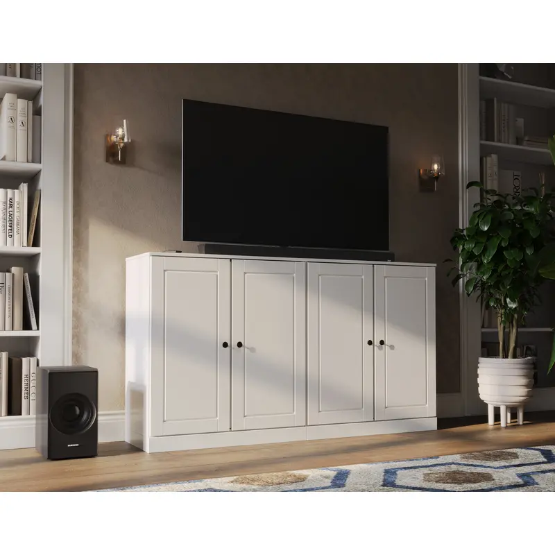 100% Solid Wood TV Stand with Raised Panel Wood Doors for TVs up to 64", Adjustable Shelves