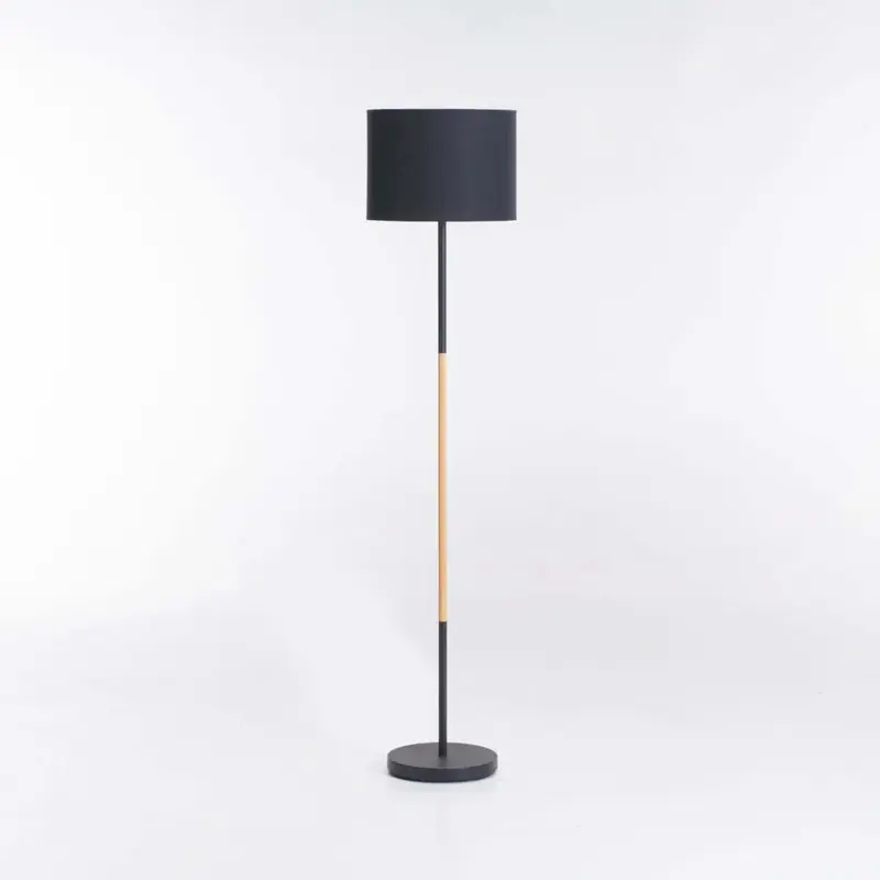 FLOOR LAMP BLACK+WOOD BLACK FABRIC SHADE 150cm H