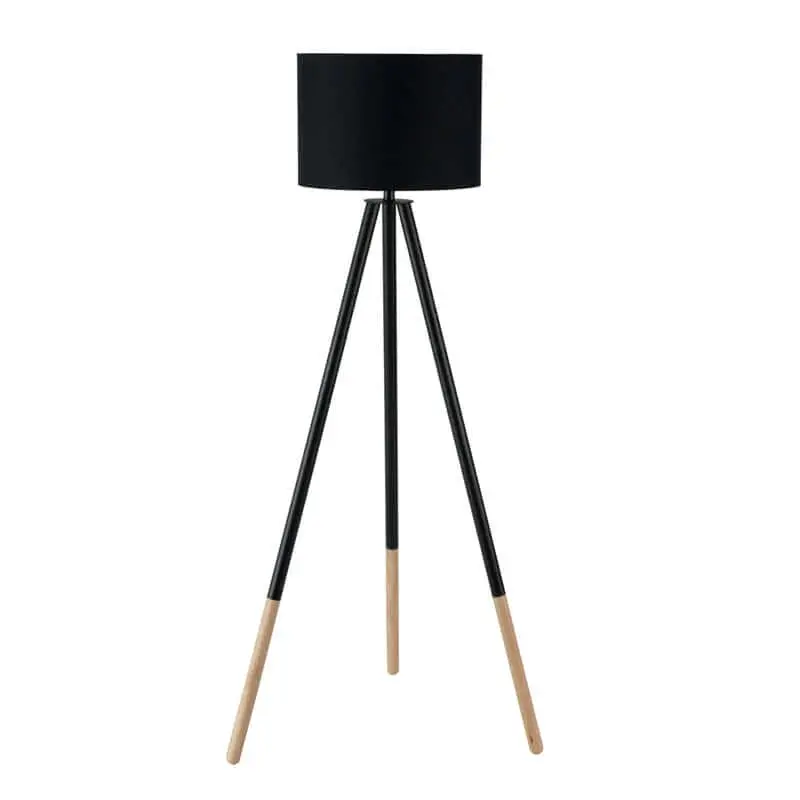 FLOOR LAMP WOODEN TRIPOD BLACK FABRIC SHADE 156cm