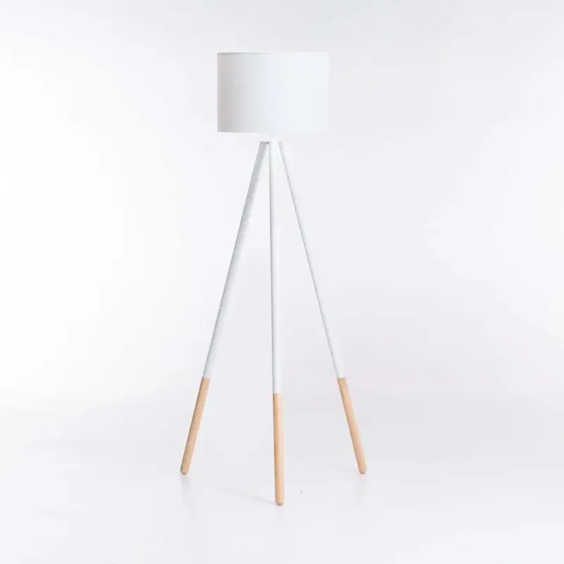 FLOOR LAMP WOODEN TRIPOD WHITE FABRIC SHADE 156cm