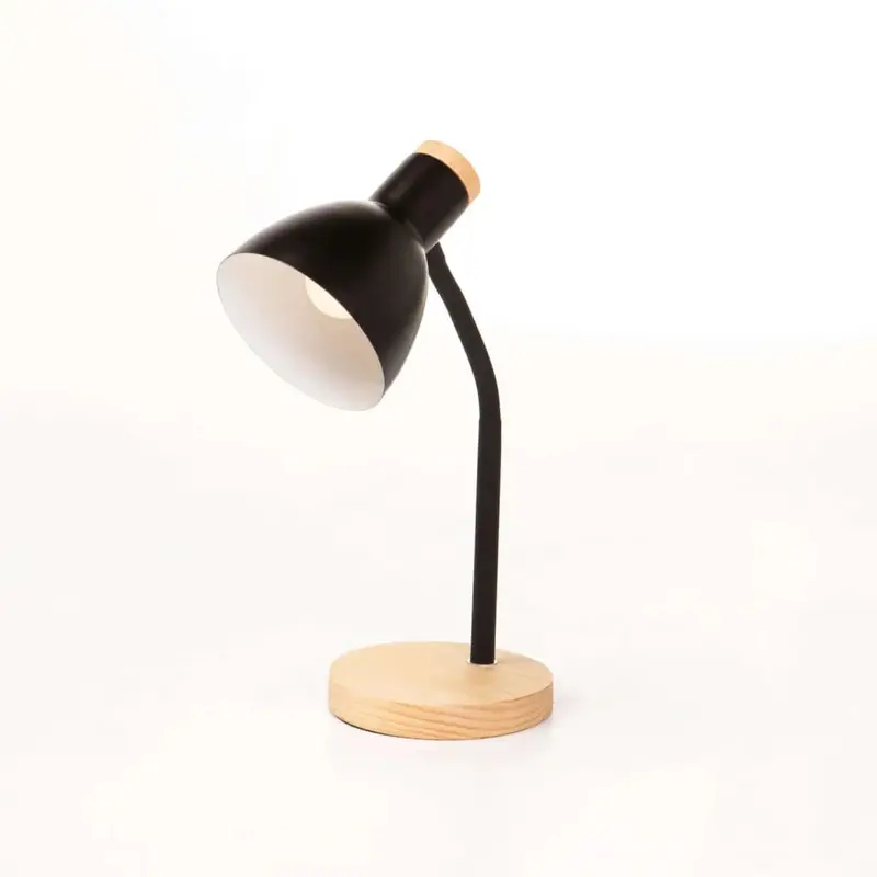 TABLE LAMP WOOD BASE OAK BLACK ARM & DOME