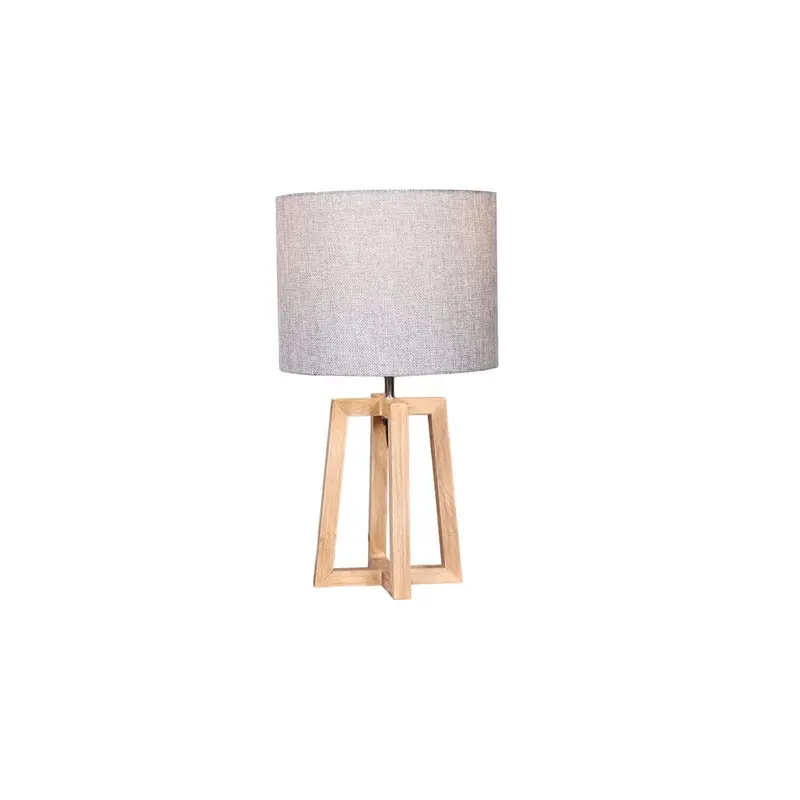 TABLE LAMP LIGHT OAK WOODEN BASE GREY FABRIC SHADE