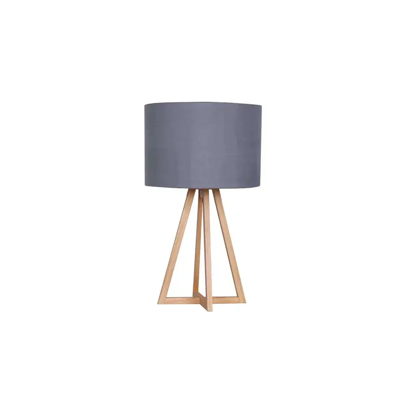 TABLE LAMP TALL WOODEN TRIPOD GREY FABRIC SHADE