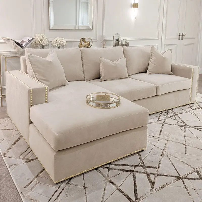 Kiara Cream Velvet Sofa Collection With Brass Studs