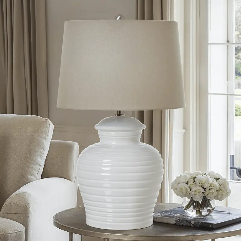 Burford Ceramic White Table Lamp with Taupe Linen Shade