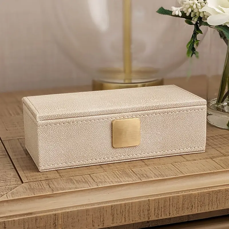 Cassandra Ivory Faux Shagreen Trinket Box with Gold Detailing