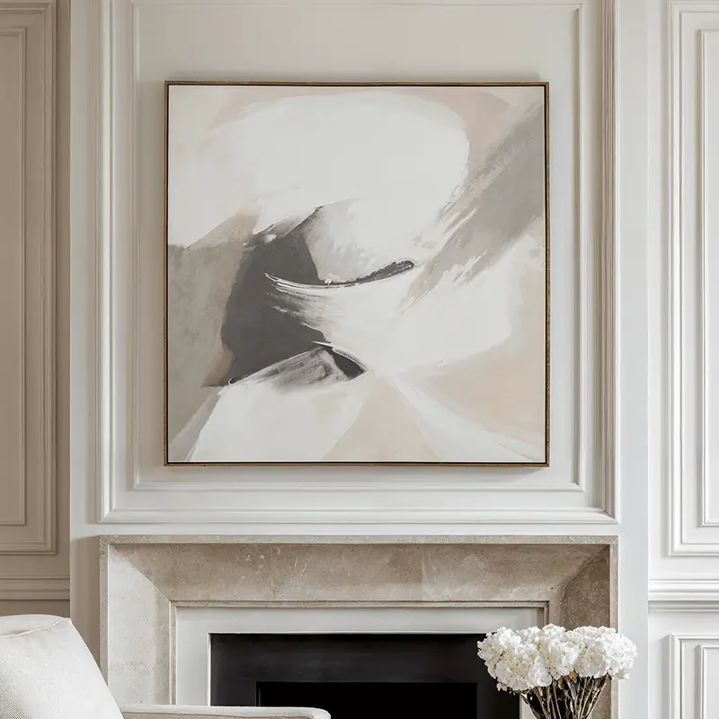 Cosima Monochrome Abstract Square Canvas Wall Art with Oak Effect Frame