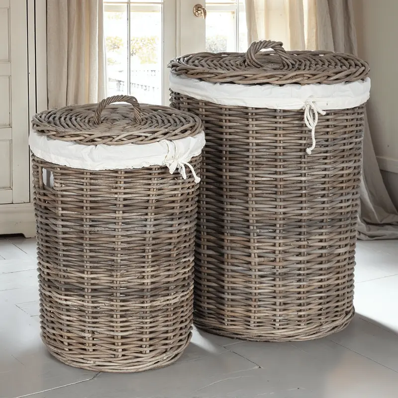 Draydon Round Wicker & Linen Baskets - Set of 2