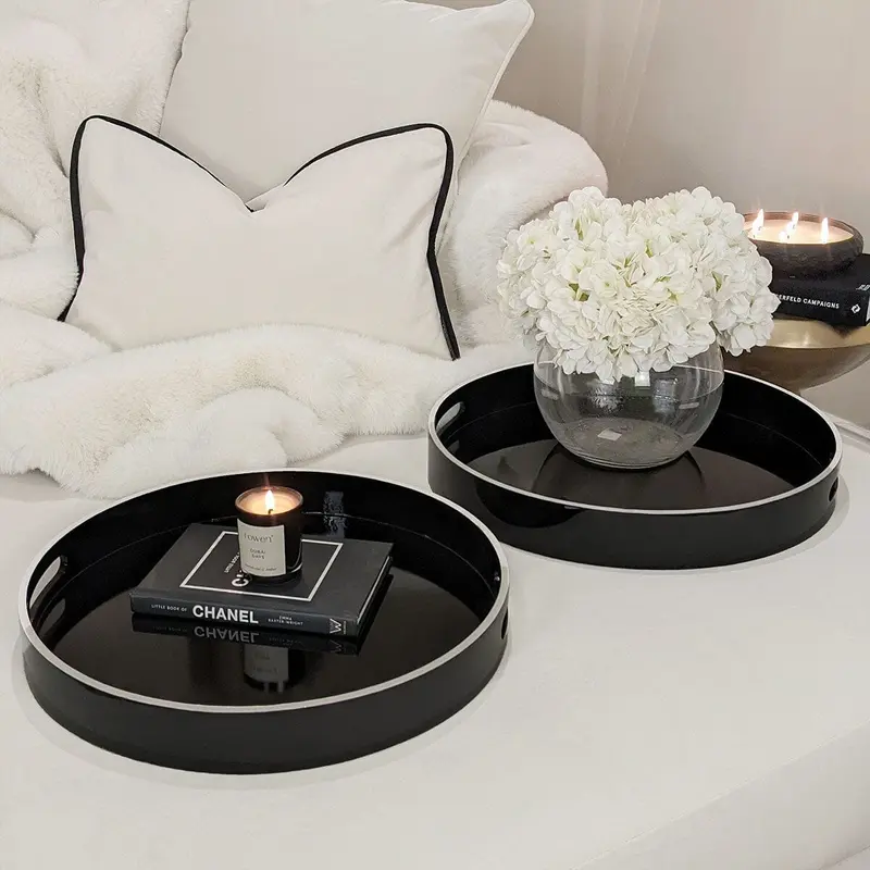 Fleur Black & White Decorative Round Trays - Set of 2
