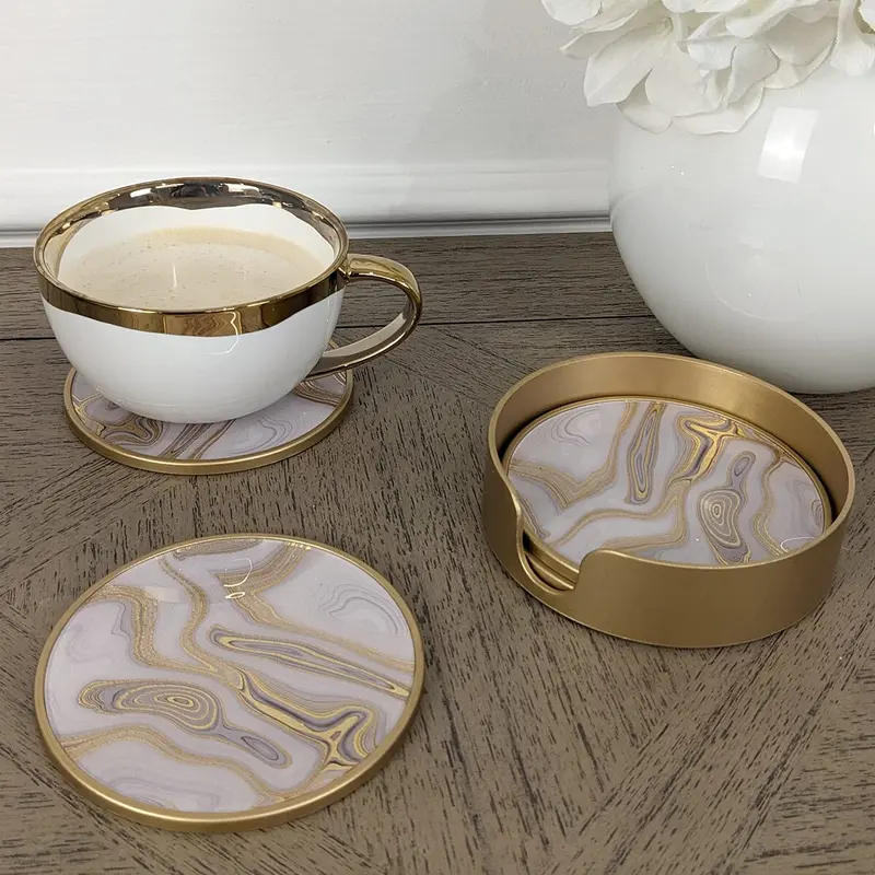 Gold Swirl Marble Effect Coasters with Gold Holder - Set of 4