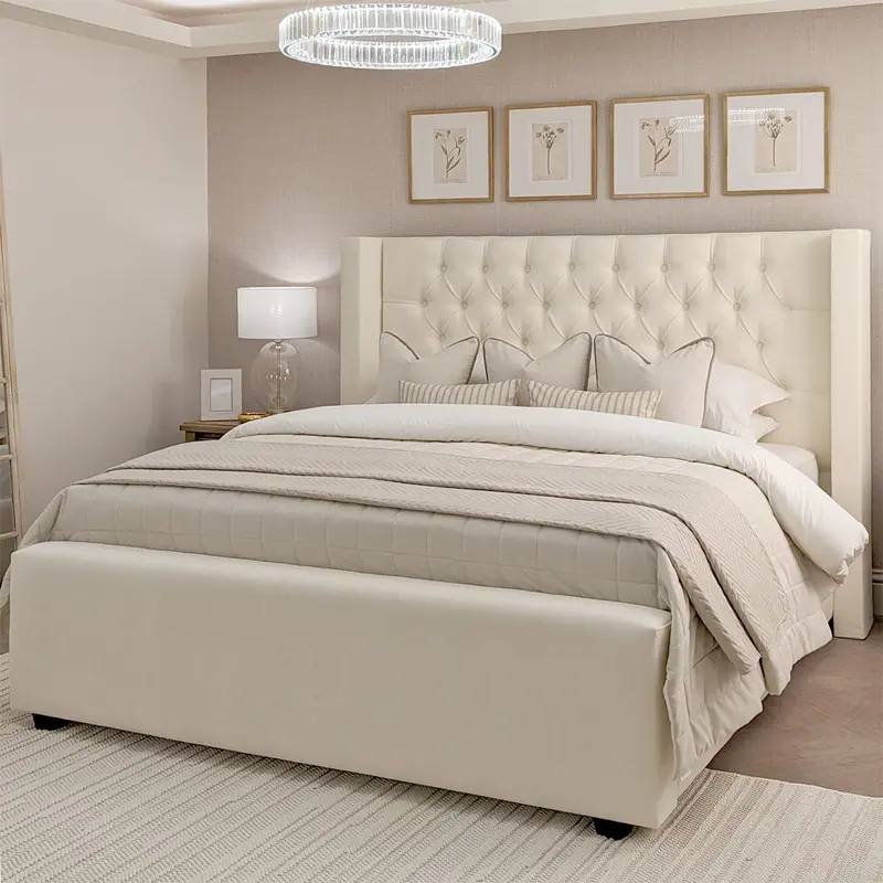 Harper Classic Luxury Ivory Textured Buttoned Winged Chunky Bed