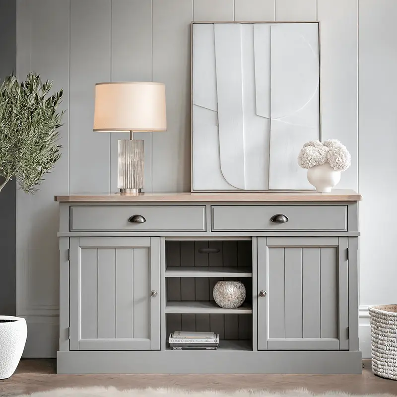 Highclere Sage Green Painted 2 Door 2 Drawer Sideboard with Oak Top