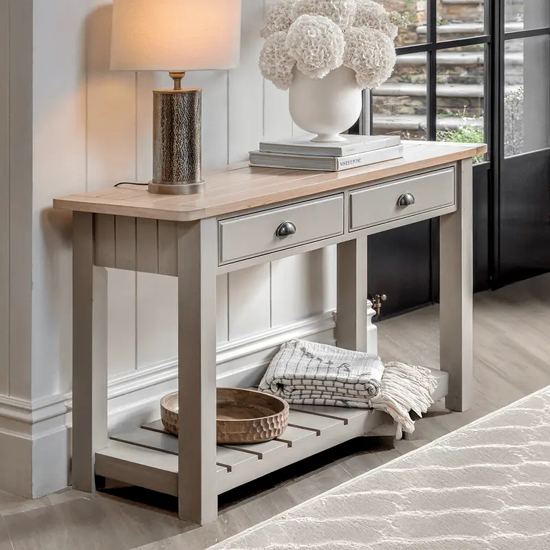 Highclere Sage Green Painted 2 Drawer Console Table with Oak Top