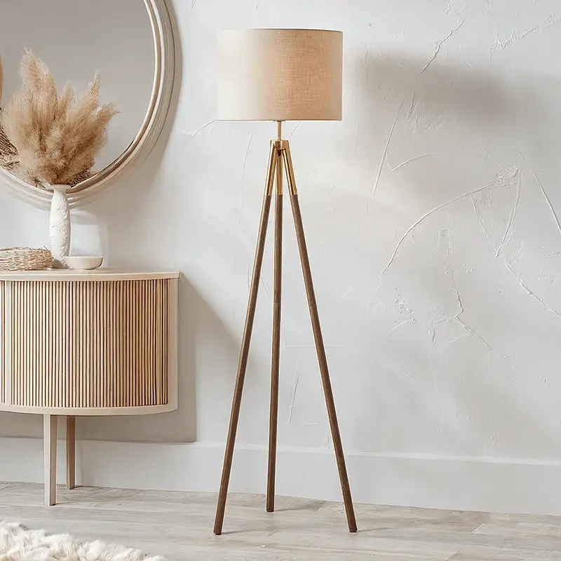 Houston Gold Metal & Brown Wood Tripod Floor Lamp