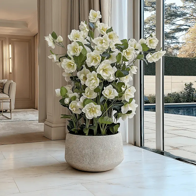 Large Faux White Hellebore Plant in Stone Pot