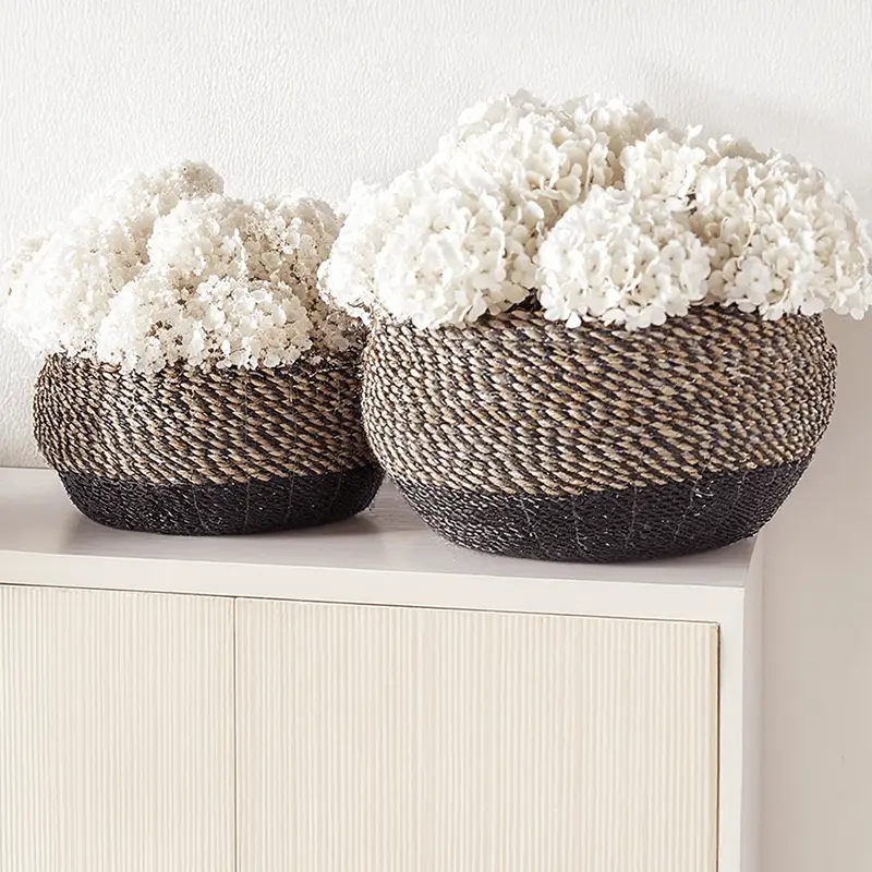 Lilah Seagrass Natural & Black Round Baskets - Set of 2