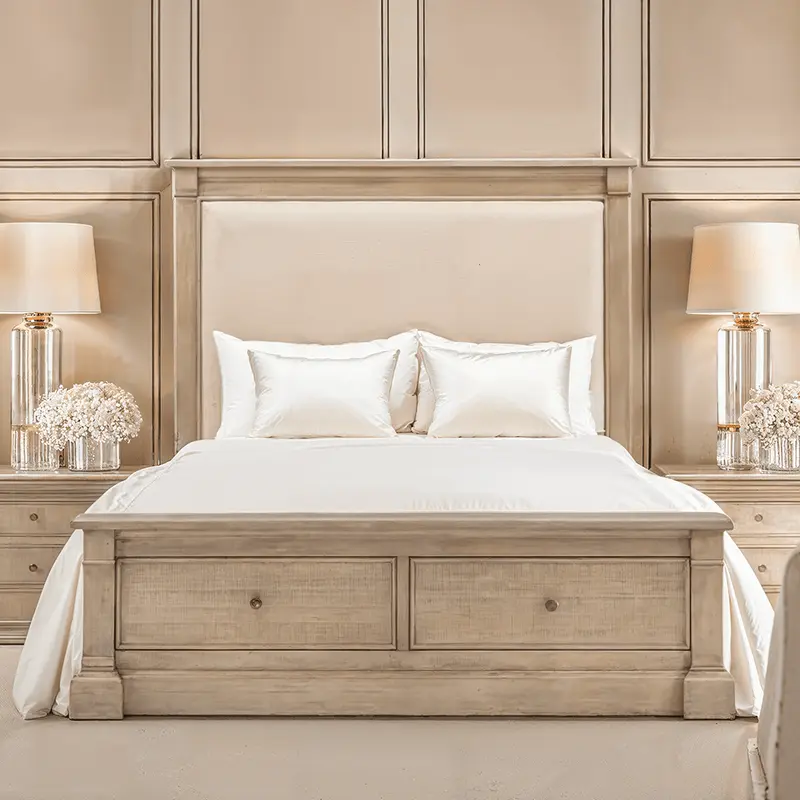 Lilliana Luxury Cream Linen & Wood Bed with Drawer Storage