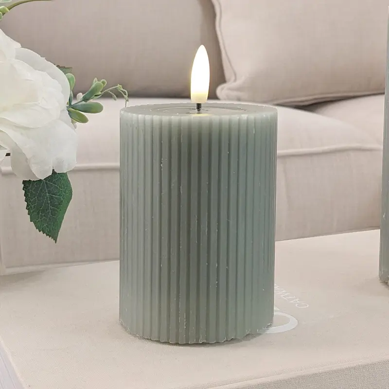 Medium Sage Green Realistic Ribbed LED Candle