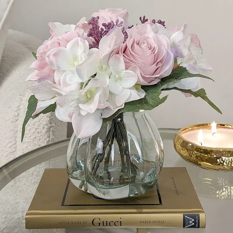 Pink and Cream Faux Rose & Hydrangea Florals in Vase
