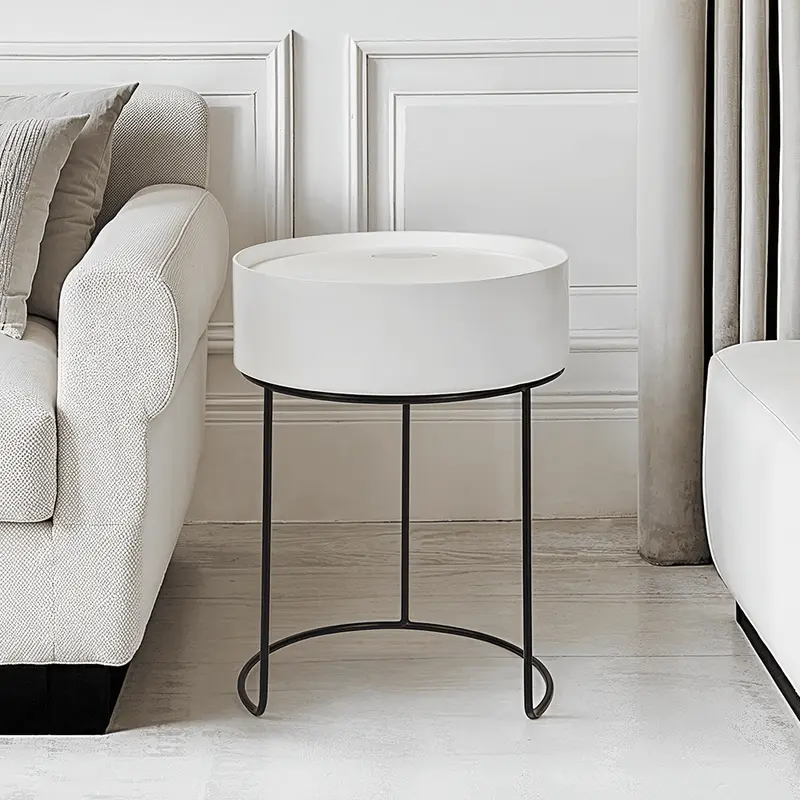 Rosolini White Wood Veneer & Black Metal Storage Side Table