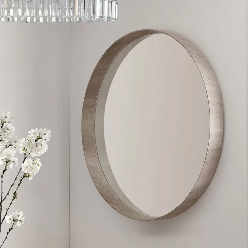 Sanai Large Grey Oak Veneer Round Wall Mirror