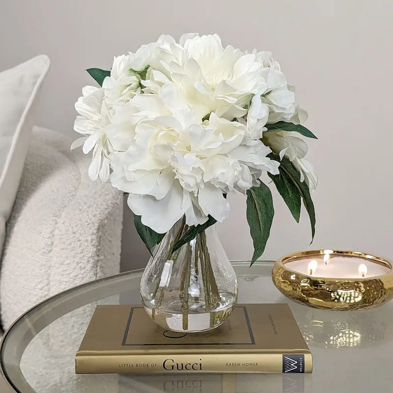 White Faux Peony & Gerbera Florals in Vase