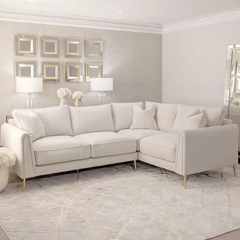 Alaina Cream Velvet Right Hand Facing Corner Sofa with Gold Legs