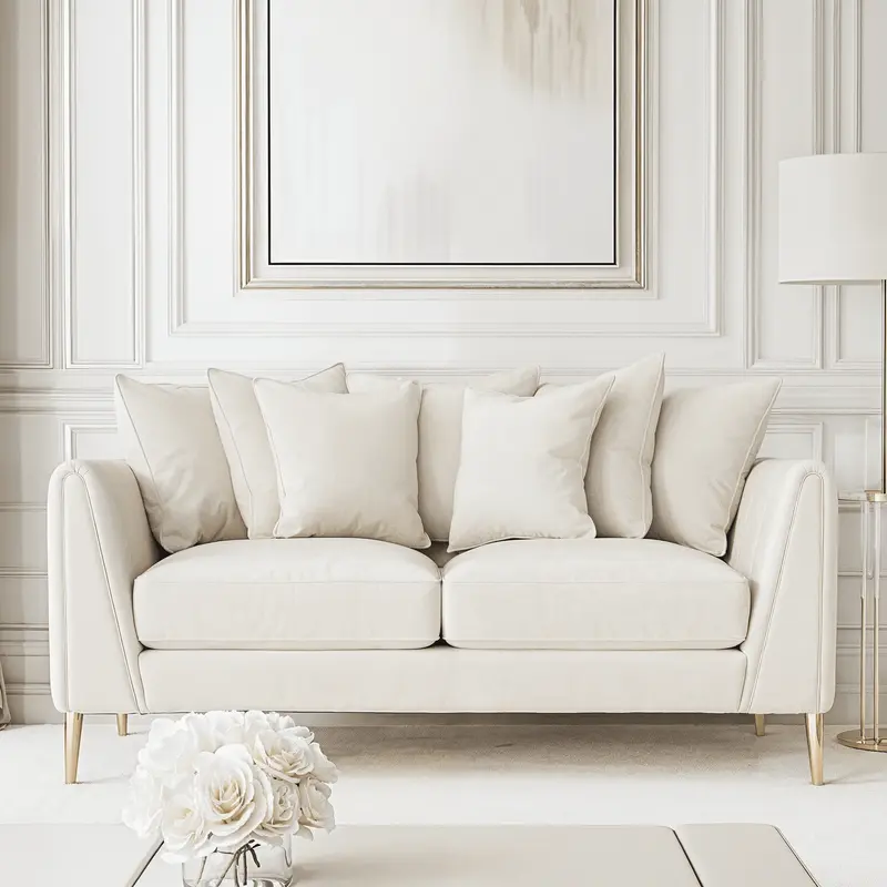 Alaina Cream Velvet Scatter Back 2 Seater Sofa with Gold Legs