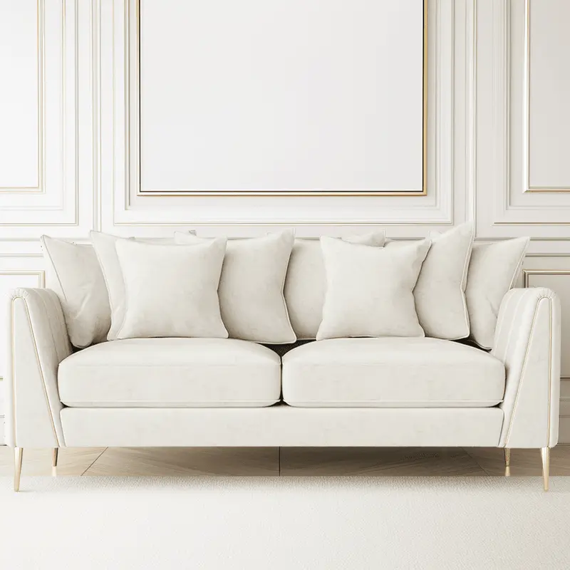 Alaina Cream Velvet Scatter Back 3 Seater Sofa with Gold Legs
