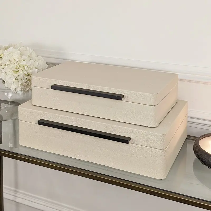 Eliza Luxury Cream Decorative Trinket Boxes with Black Handles - Set of 2