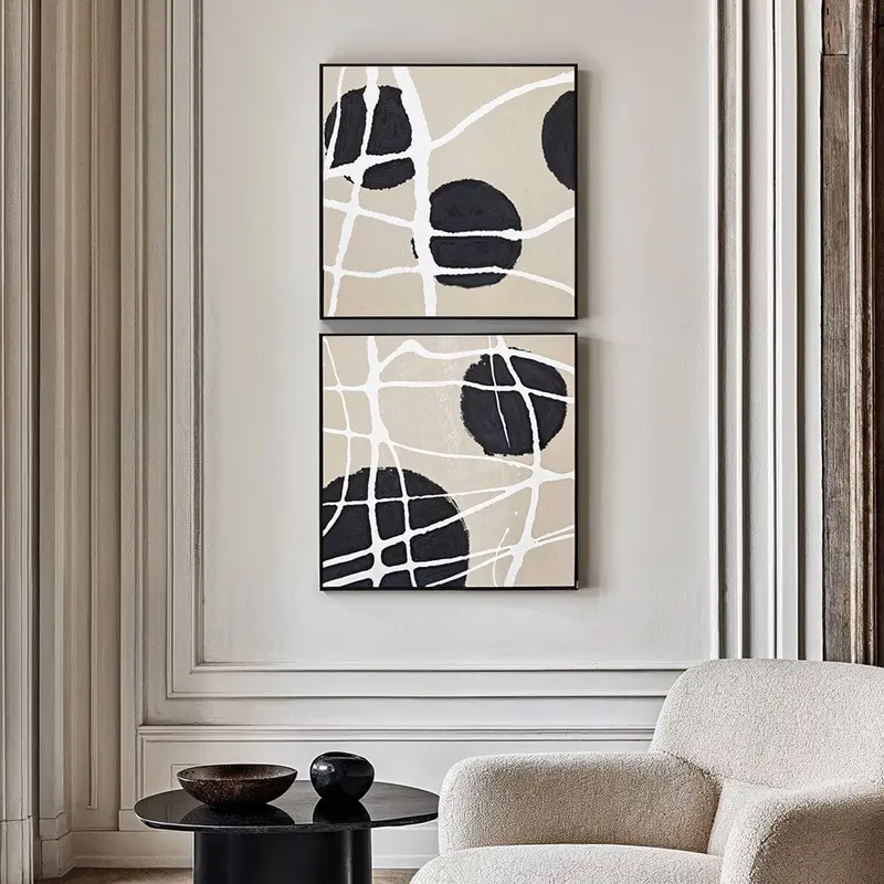 Layla Abstract Monochrome Beige & Black Square Framed Canvas Wall Art - Set of 2