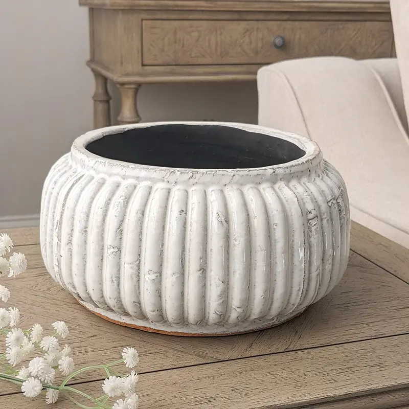 Malton Cream Ribbed Ceramic Planter