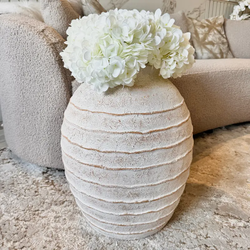 Marella Large Distressed White Wash Decorative Ribbed Vase