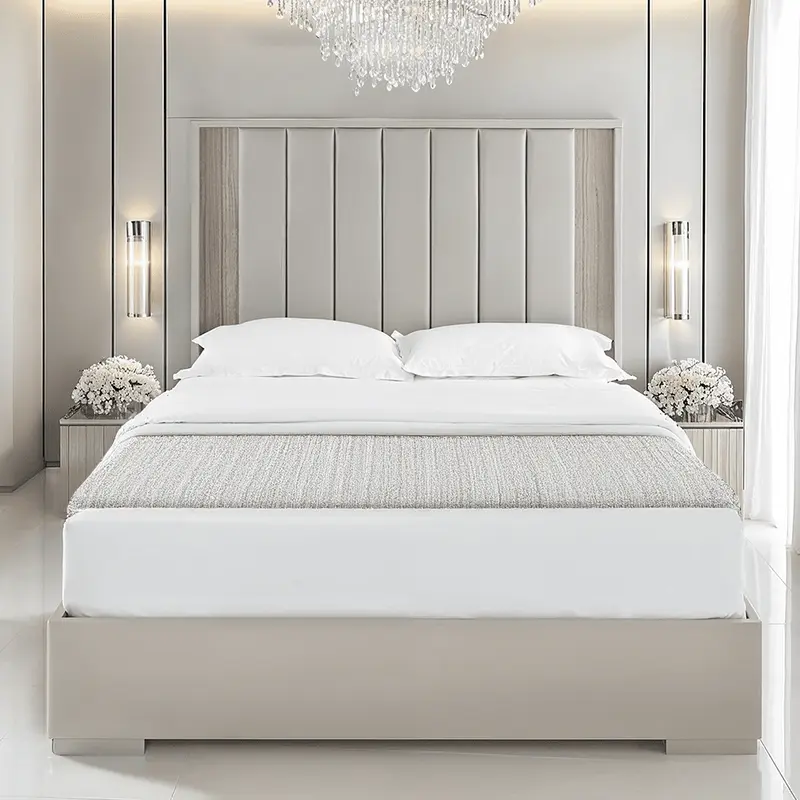 Maya Luxury Greige Channelled Bed with Integrated LED Lights