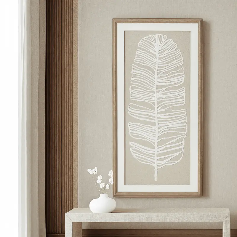 Plume Large Taupe & White Feather Wall Art with Beaded Frame