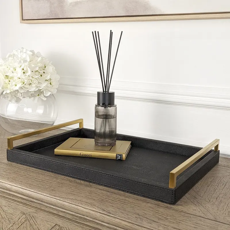 Abriana Black Faux Shagreen Tray with Gold Handles