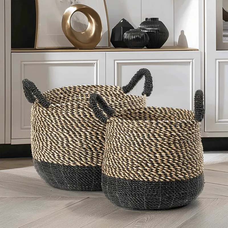 Chelle Natural & Black Set of 2 Round Baskets