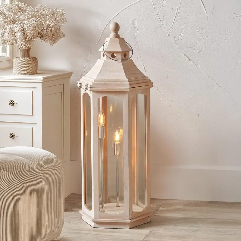 Eldoris White Wash Wooden Lantern Floor Lamp